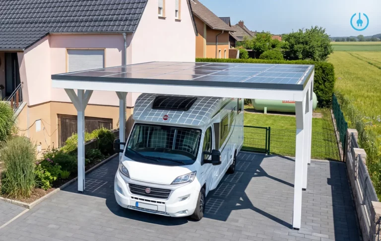 Wohnmobil unter einem Solarcarport mit Solarglas-Modulen